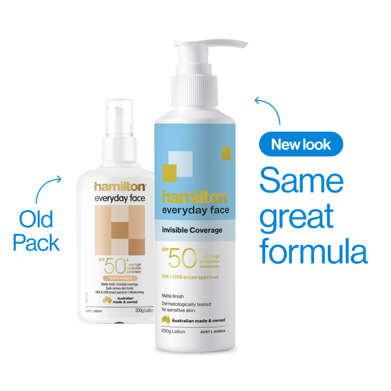 Hamilton Everyday Face Invisible Coverage SPF 50+ 200g — old and new packaging, New look, same great formula