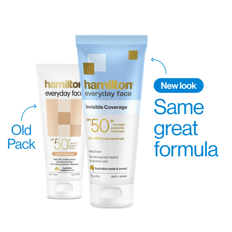Hamilton Everyday Face Invisible Coverage SPF 50+ 75g — old and new packaging, New look, same great formula