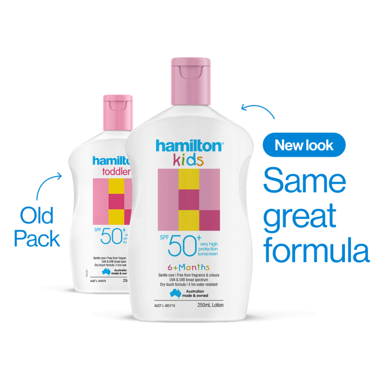 Hamilton Kids Lotion SPF 50+ 250mL — old Toddler and new Kids packaging, New look, same great formula